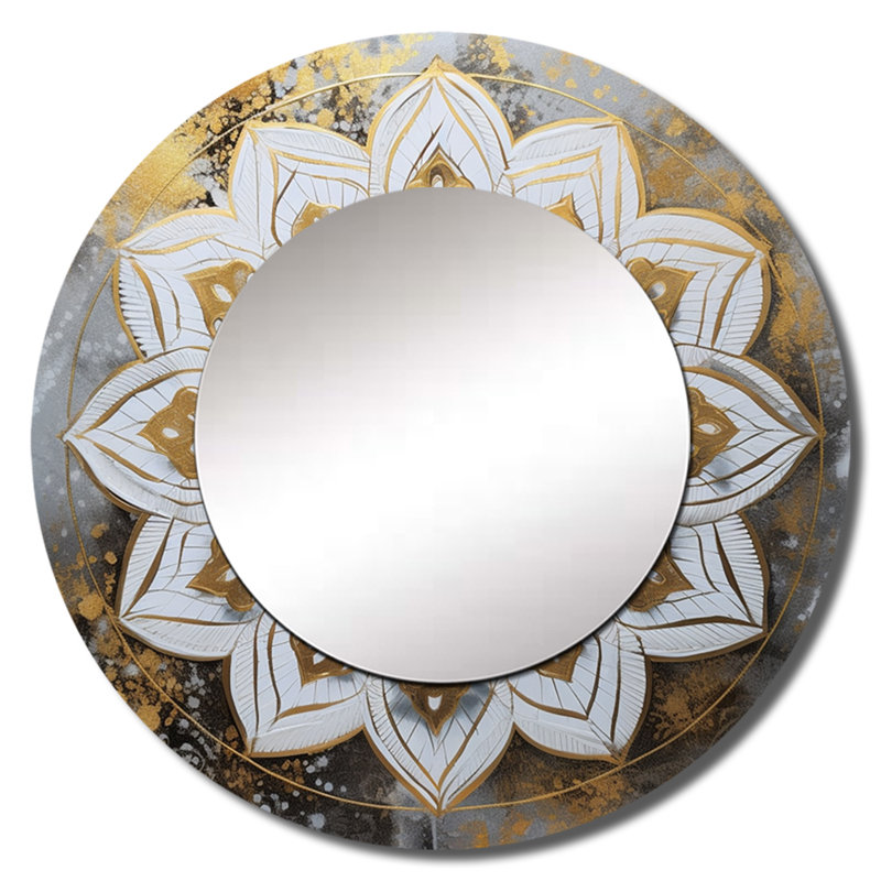 Armontae White And Gold Mandala V - Boho Mandala Mirror, Traditional Round Decorative Wall Mirror, Printed Metal Art