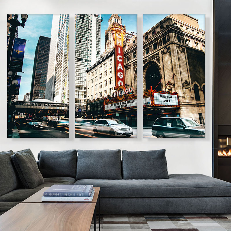 Chicago Theatre - ensemble de 3 reproductions de photos sur toile tendue, H 40 po x l 60 po x P 0,75 po