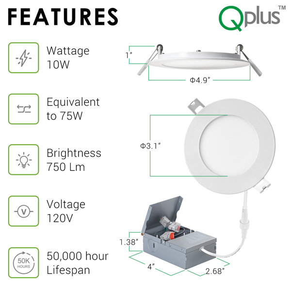 QPlus 4 pouces Slim encastré LED Pot lumières pour endroit sec et humide  blanc