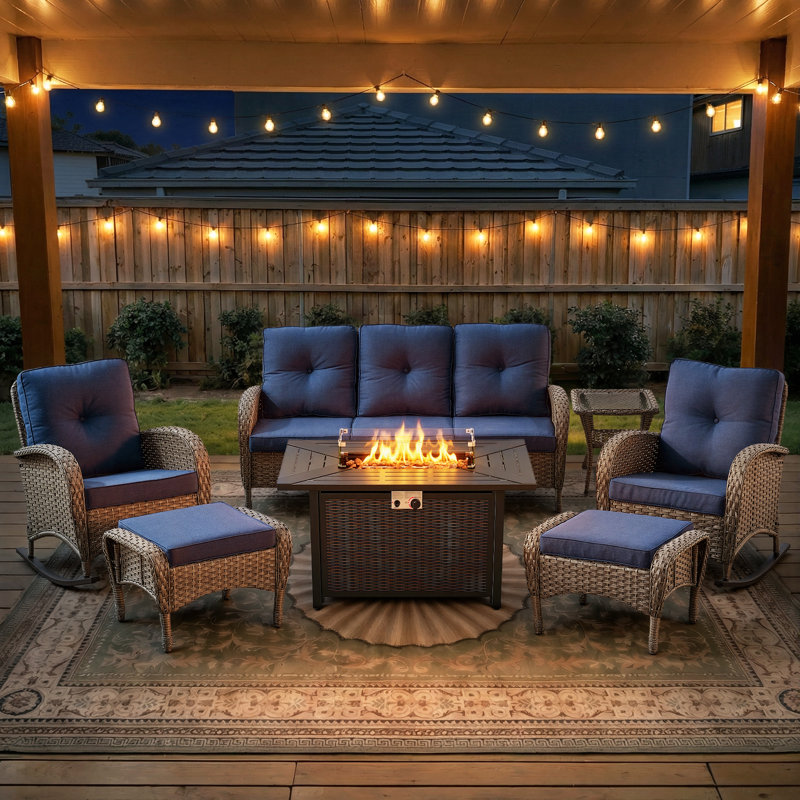 7-Piece Outdoor Patio Rattan Fire Pit Table Set With Rocking Chairs And Sofa, Blue
