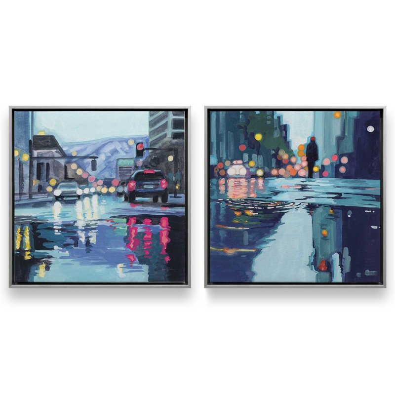 City Reflections, ensemble de 2 impressions sur toile, H 13 po x l 26 po, Framed Print without Mat, Chrome poli