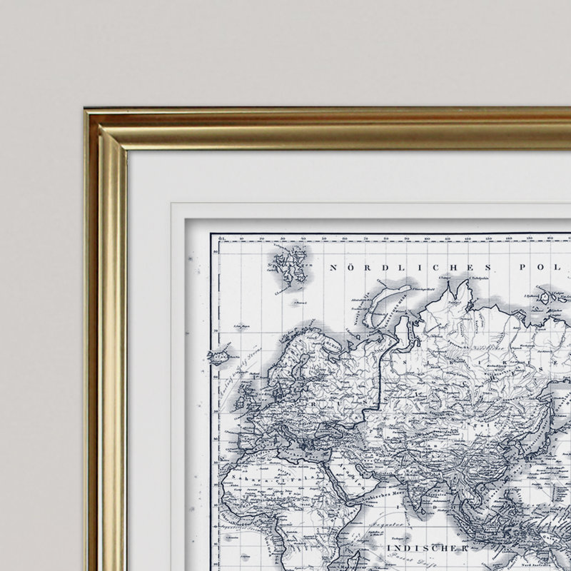 « rétro world map iv blue outline », impression, Cadre doré, H 31 po x l 43 po x P 1,5 po