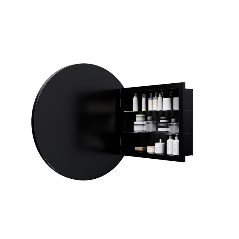 23.6 Inch Surface Mount Round Metal Framed Medicine Cabinet With Mirror And Adjustable Shelves Black Wall Mirror With Storage For Bathroom