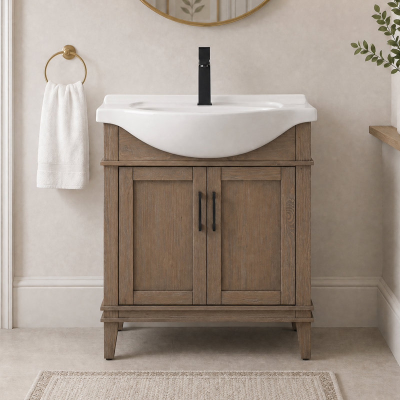 Ensemble de meuble-lavabo simple autoportant 30 po avec plateau en céramique Arlowene, Brun, 30"