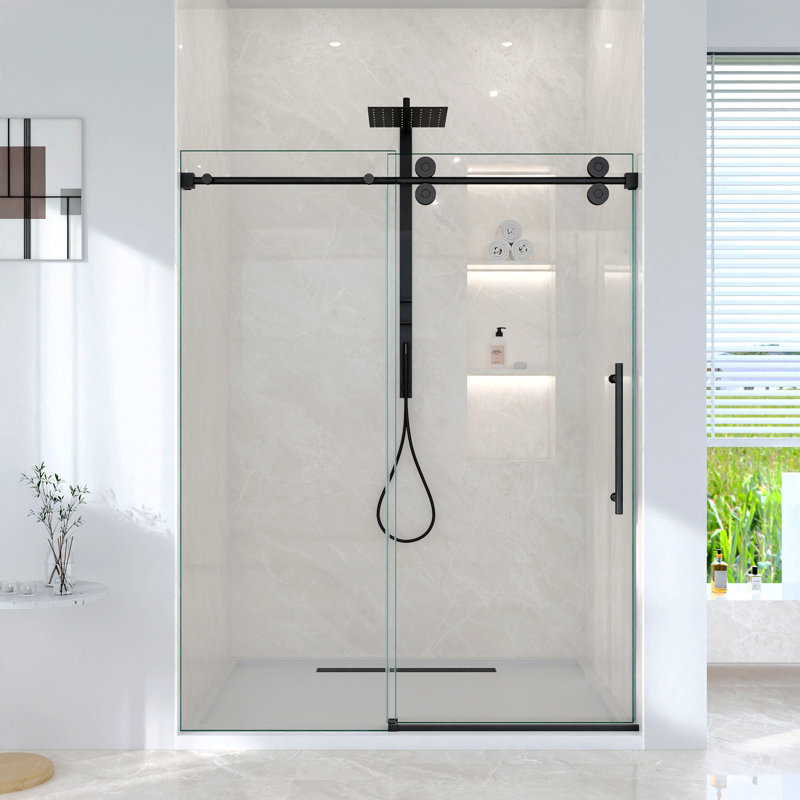 Porte de douche coulissante simple sans cadre de 44 à 48 po x H 76 po - Verre trempé transparent de 5/16 po (8 mm), conception à dérivation