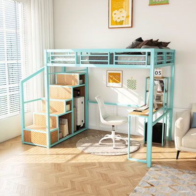 Lit mezzanine double avec bureau, espace de travail et rangement pour armoire - structure en métal, ports de charge, escalier bureau de travail, quatre armoires, escalier robuste et prise de courant
