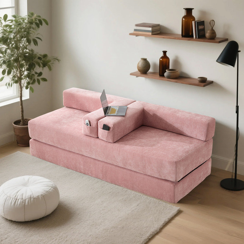 Canapé-lit convertible moderne 6-en-1 avec coussins, Chenille rose