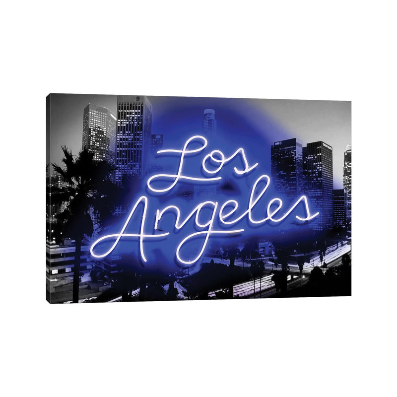 Neon Los Angeles Blueon Black by Hailey Carr - Wrapped Canvas Print, 20.32cm H x 30.48cm W x 1.9cm D