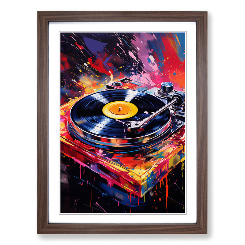 Record Player Action Painting No.2 - Single Picture Frame Print on Wood, 64cm H x 46cm W x 2cm D, Walnut