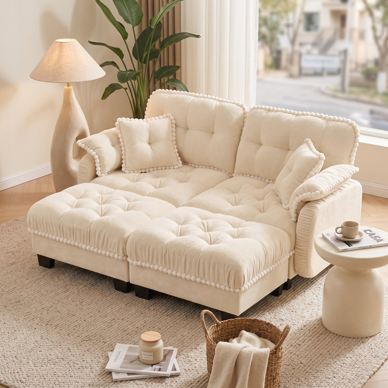 Canapé nuage 2 places beige crème en chenille avec 2 poufs amovibles, coussins capitonnés et finis à pompons