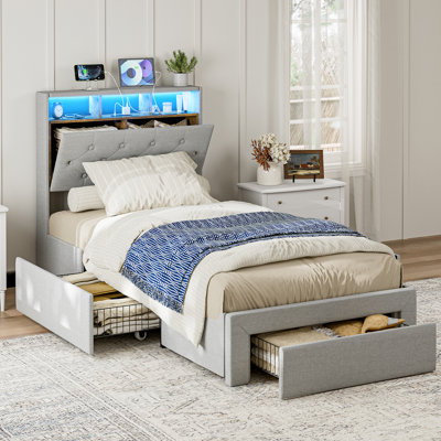 Twin Xl Bed Frames With Storage Drawers, Hidden Storage Headboard With Led Lights & Charging Station, Upholstered Twin Xl Platform Bed, Solid Wood Slats, No Box Spring Needed