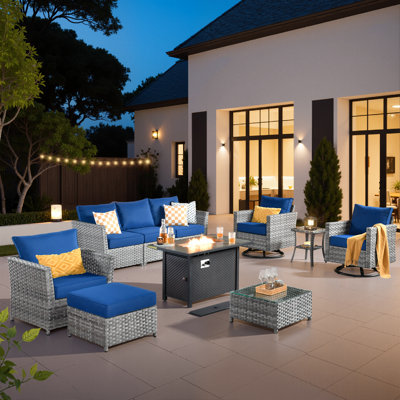 7-person Mostly No Assembly Required Outdoor Sectional With Cushions,swivel Rockers And Fire Pit,all-weather Wicker Patio Set