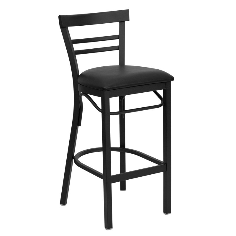 Worley Two-Slat Ladder Back Metal Restaurant and Dining Barstool with Vinyl Upholstered Seat, 1, Black