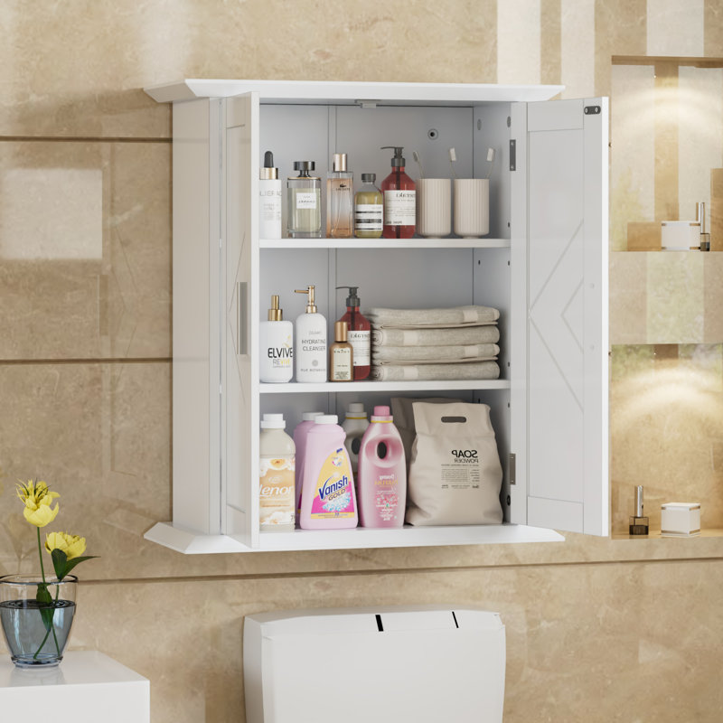 Armoire de salle de bain murale avec deux portes et tablettes réglables, armoire à pharmacie en bois blanc pour rangement au-dessus de la toilette