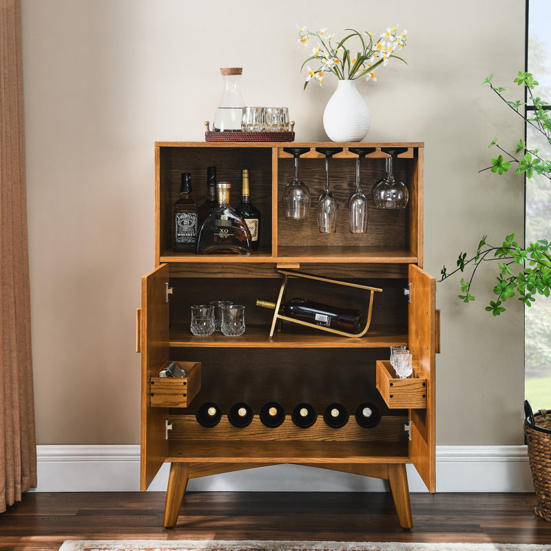 Armoire de rangement pour le vin rustique, buffet de 31,5 po avec support en verre et tablette, support réglable pour la salle à manger à la maison, tablettes