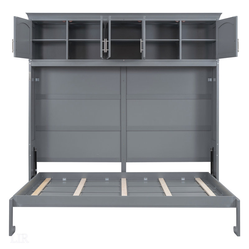 Lit escamotable double pleine grandeur avec armoires supérieures pour un sommeil confortable et peu encombrant, gris