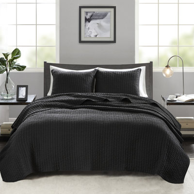 Courtepointe pour lit double / grand noir en microfibre avec rembourrage en coton, conception réversible, 2 taies décoratives, facile à laver à la machine pour différents climats, sans effort