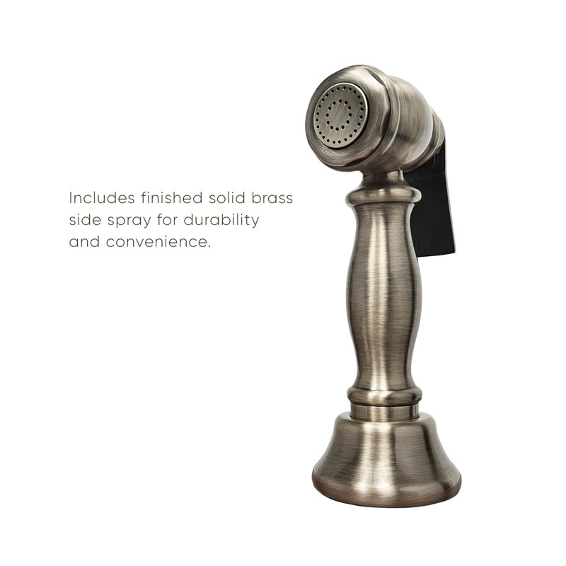 Whitehaus Collection Bridge Faucet with Long Traditional Swivel Spout Lever Handles and Solid Side Spray, Brushed Nickel