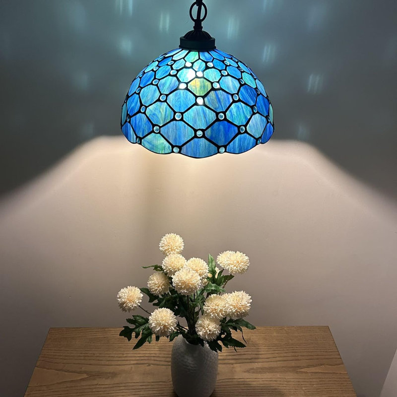 Luminaire suspendu Kleist Tiffany avec ampoules DEL en verre coloré bleu l 12 po x P 12 po x H 60 po