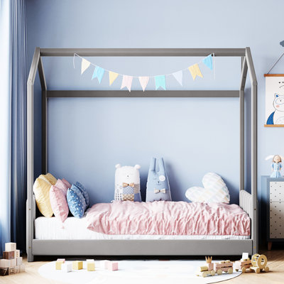 Lit simple en velours gris avec toit et espace semi-fermé pour un sommeil de lecture, structure en pin, L 80,3 po x l 41,2 po H 75 po, bandes de tête de lit contemporaines uniques à assembler, environnement sécuritaire