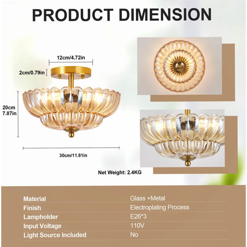 Plafonnier semi-encastré d'inspiration rétro avec abat-jour élégant en verre floral à 3 lumières noir mat et naturel