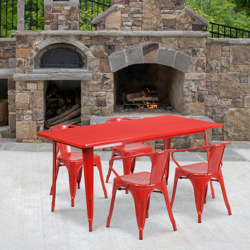 Lubron 31.5'' x 63'' Rectangular Metal Indoor-Outdoor Table Set with 4 Arm Chairs, Red, 5