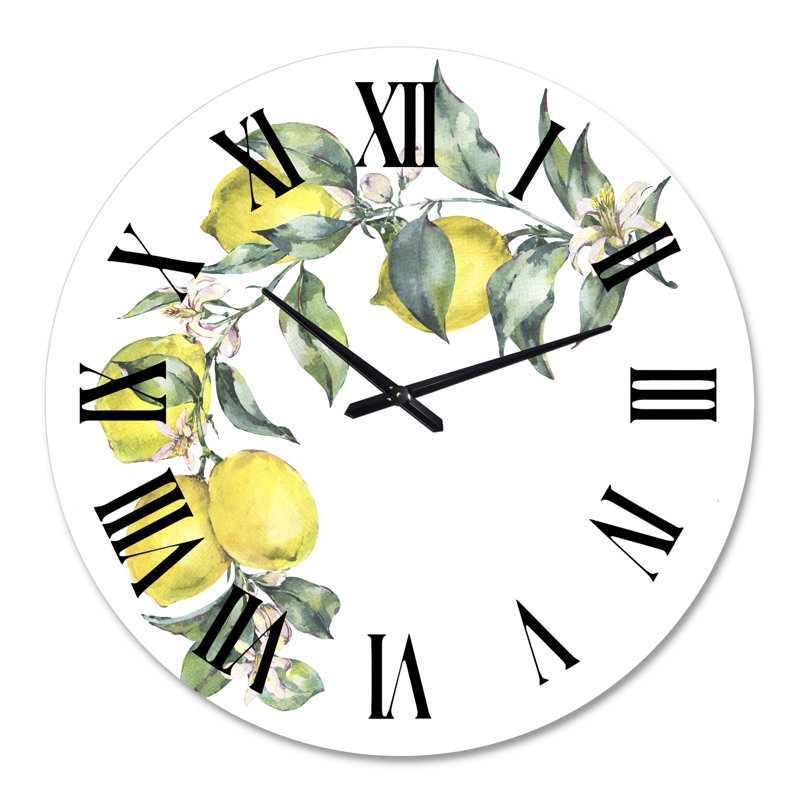 Branche de citrons jaunes et feuilles II - horloge murale tropicale, Surdimensionné