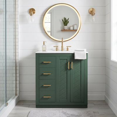 30" Freestanding Bathroom Vanity in Green with Ceramic Sink ,Solid Wood Frame , Storage Cabinet with 3 Drawers and Soft Closing Doors(No Faucet)