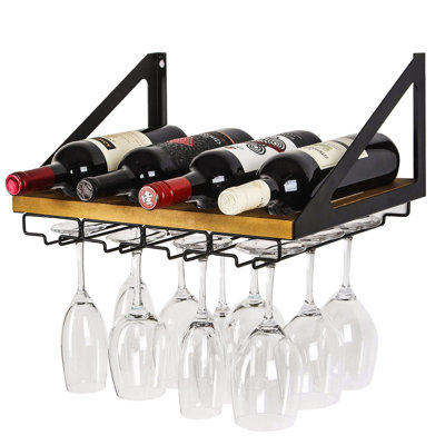 Comobabi 4 Bottle Wall Mounted Wine Bottle & Glass Rack