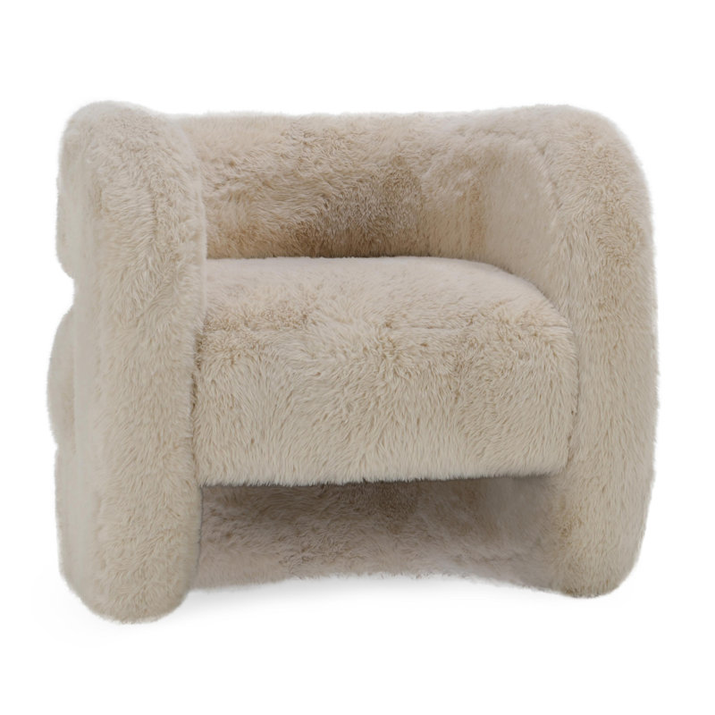 Beige Faux Fur Upholstered Barrel Chair with Solid Wood Frame