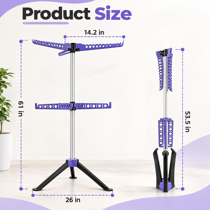 Étendoir à linge pliable sur trépied, 2 niveaux, bras pliables à 7 positions, 3 pieds, pour intérieur et extérieur, bleu
