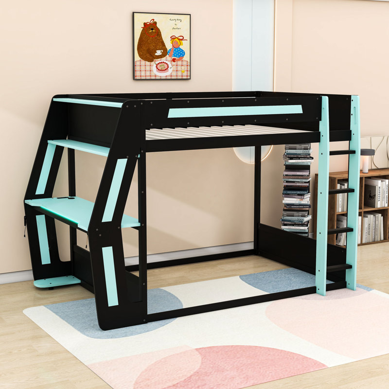 Lit superposé double / double avec bureau et tablettes intégrés, Bleu nuage