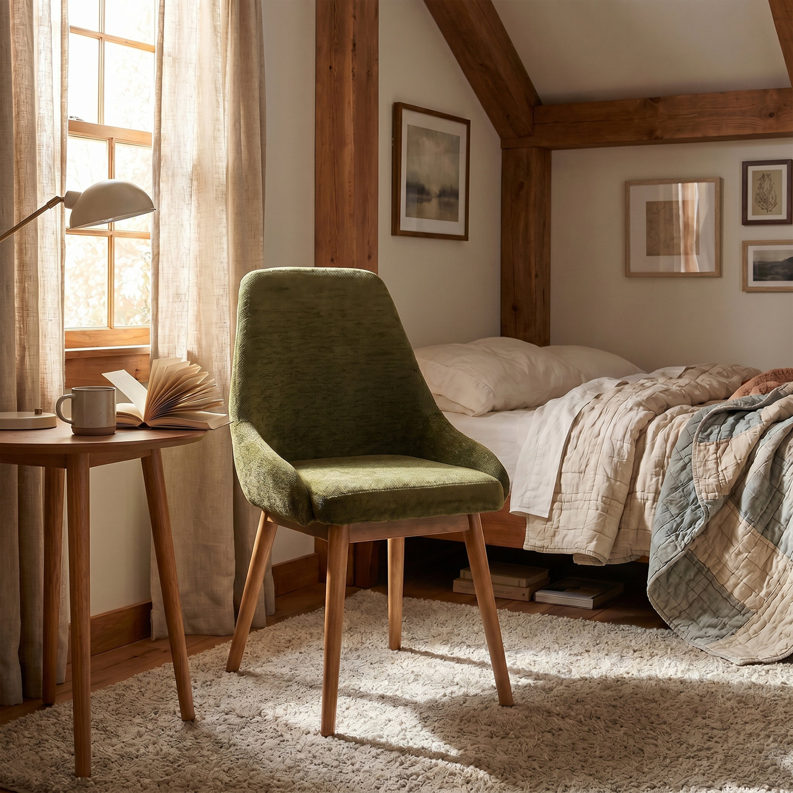 Comfortable Dining Chair With Soft Seat & Wood Legs For Kitchen And Dining Room,  Green Chenille