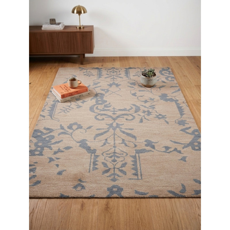 Tapis d'intérieur beige 100% laine beige fait à la main, Rectangle de 5 pi x 8 pi