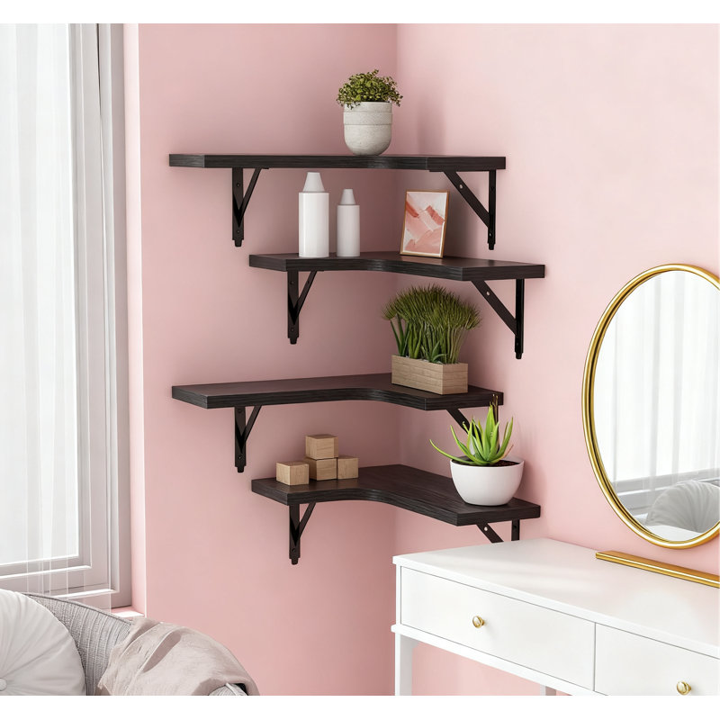 Corner Floating Shelves Set Of 4, Rustic Wood Wall Mounted Storage Display Shelves For Home Decor, Bathroom, Kitchen, Bedroom, Living Room, Office