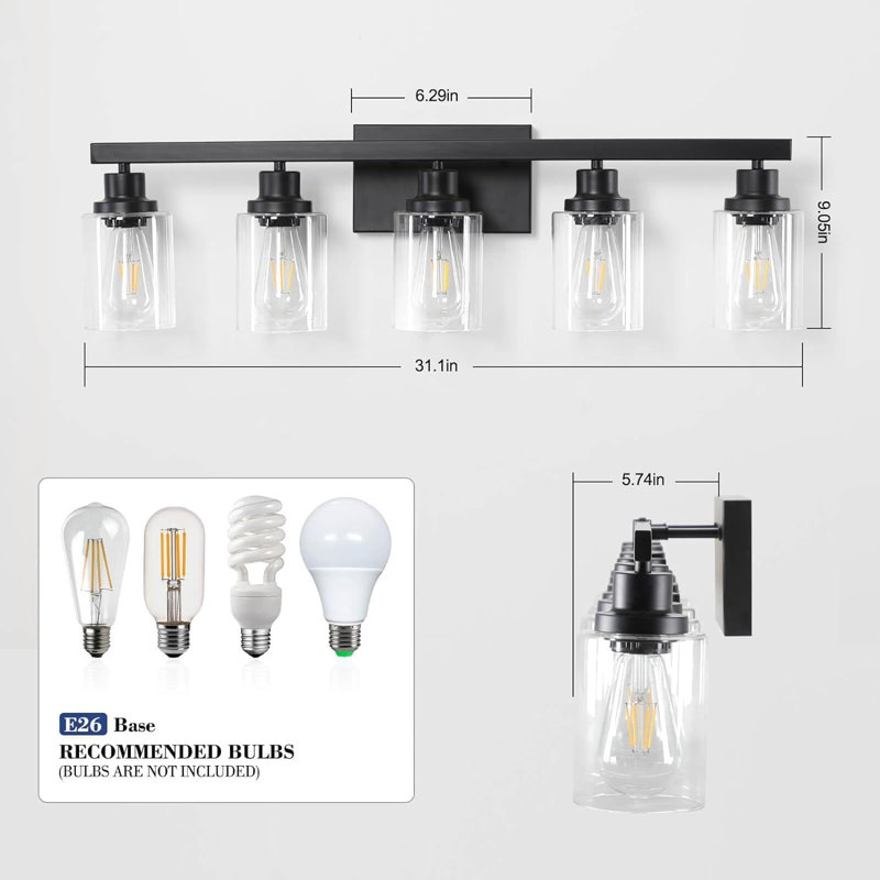 Matte Black 5-Light Bathroom Vanity Fixture with Glass Shades
