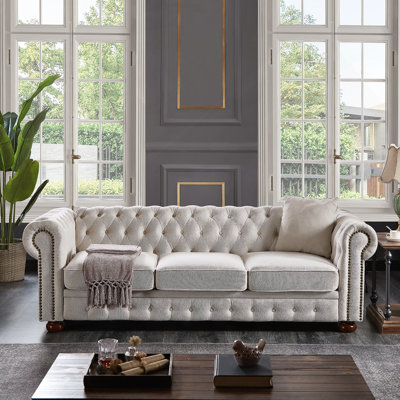 Chesterfield Sofa Beige Linen Fabric