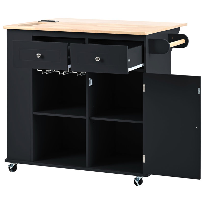 Kitchen Island With Electric Outlet And Drop Leaf. Black. Wine Rack, Side Compartment. For Home Environments Electrical Connection & Down Shelf, Compartment, Stylish Design