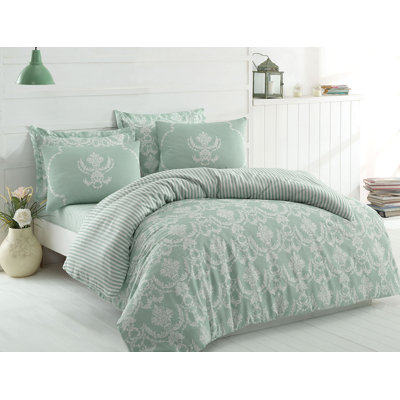 Premium Double Quilt Cover Set, Sea Green & White, 78.7 x 86.6 inches | 65% Cotton / 35% Polyester, 120 Thread Count | Includes Duvet Cover with Button Closure & 2 Pillowcases with Envelope Closure | Machine Washable
