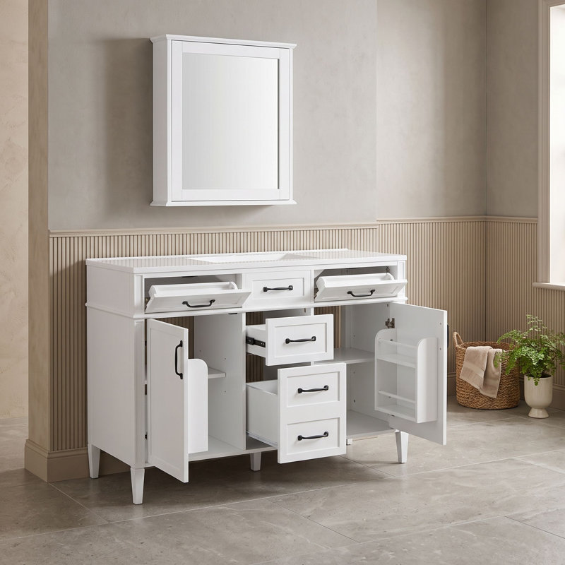 Meuble-lavabo de salle de bain avec comptoir en composite, 4 tiroirs, 2 portes à fermeture douce et tablettes réglables