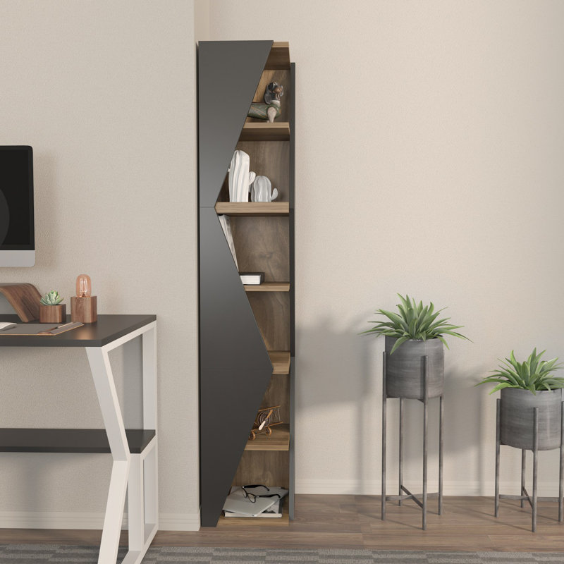 Modern Bookshelf in Black & Walnut, 12.5 x 65.0 x 12.5 inches | 100% Melamine Coated Particle Board, Thickness: 0.7 inches | Stylish Storage Solution for Home & Office, Elegant Design with Ample Space for Books & Decor