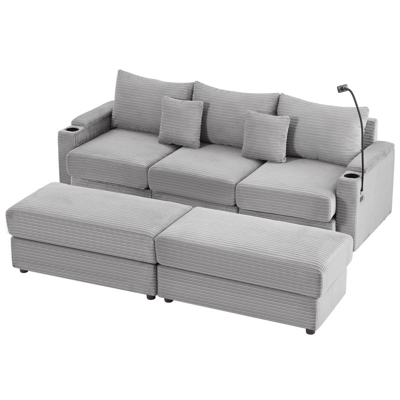 Canapé modulaire multifonctionnel avec repose-pieds, Velours côtelé gris, H 33,7 po x l 95,3 po x P 35,4 po