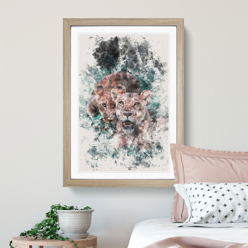 Lioness Duo - Picture Frame Painting Print, Oak Framed, 63cm H x 45cm W x 2cm D