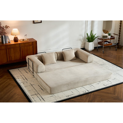 Corduroy Sleeper Bed With Cylindrical Pillow, Foam Filler, Space - Saving Design Convertible Fabric, 800 Lbs Support