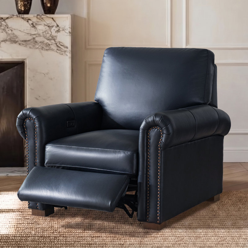 Fauteuil inclinable en cuir véritable rembourré de duvet d'Igon, Cuir véritable bleu marine