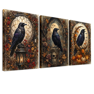 Ensemble de 3 toiles murales « Corbeaux noirs sur une lanterne, crâne et Halloween »
