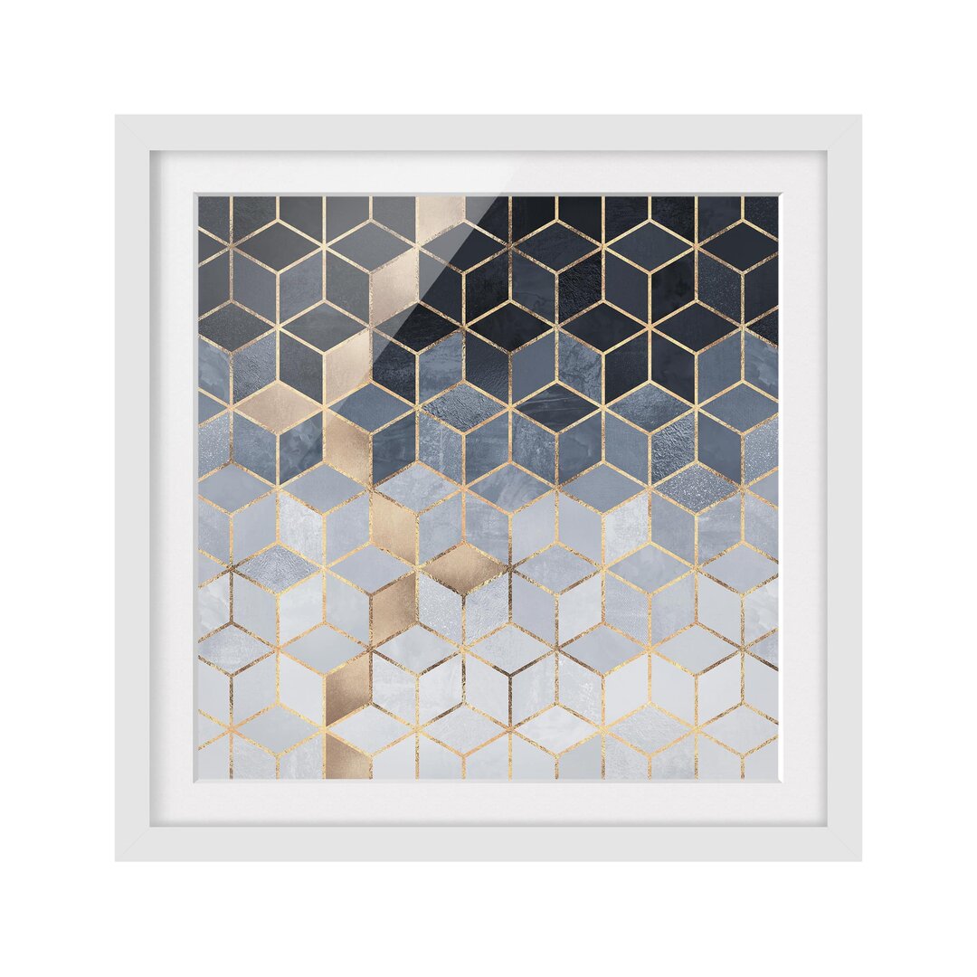 Gerahmter Grafikdruck Blue White Golden Geometry