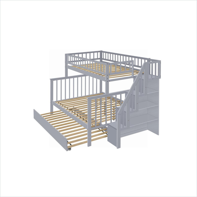 Lit superposé d'escalier moderne et multifonctionnel avec lit gigogne, configuration simple sur lit double, bois massif gris classique