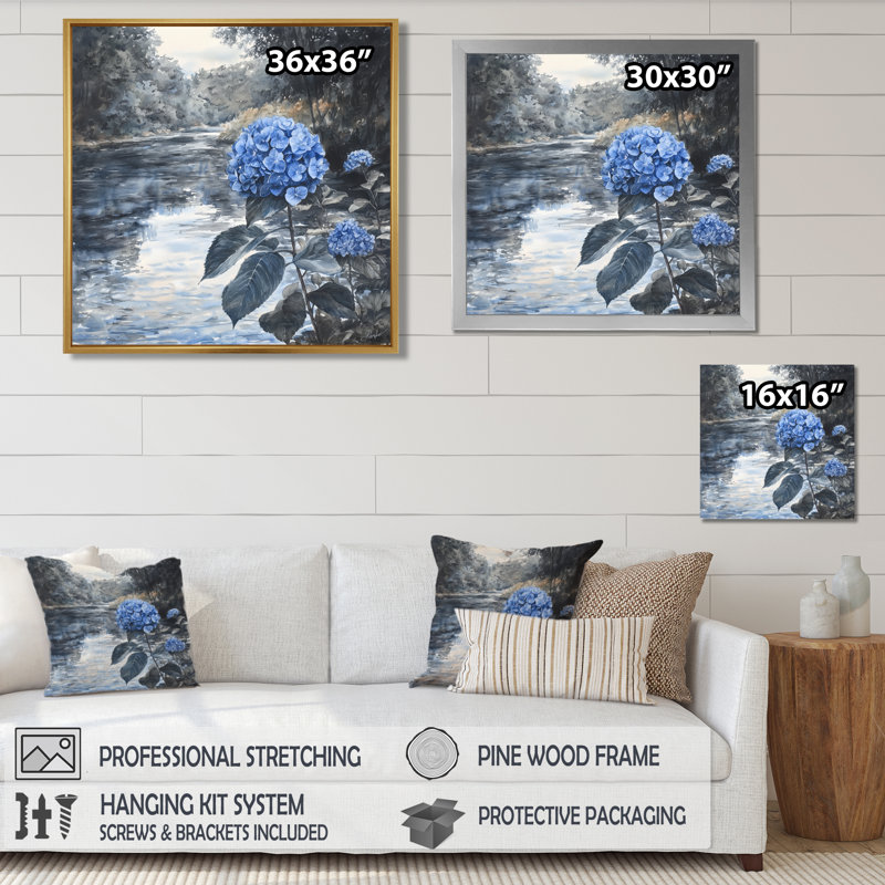Hortensias au bord de la rivière en monochrome II - hydrangées, art mural, Reproduction encadrée d'une seule photo, Blanc