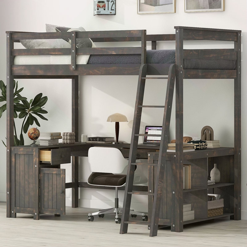 Lit mezzanine avec bureau en U, tiroirs et tablettes de rangement, Lit double, Brun